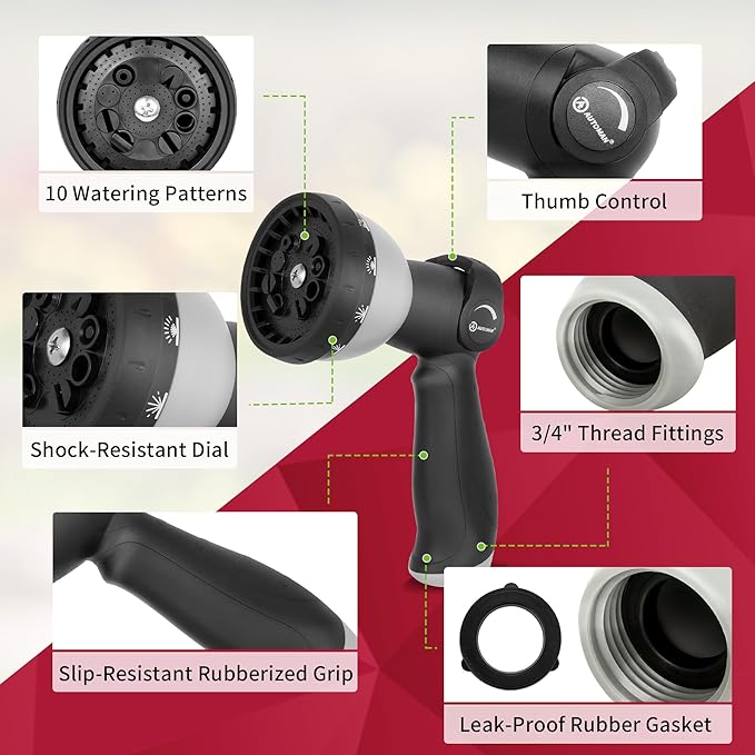 AUTOMAN Garden Hose Nozzle - 10 Adjustable Spray Patterns, Thumb Flow Control Hose Sprayer, Water Hose Spray Nozzle for Plants Watering, Car Washing, Window Cleaning, Pets Bathing, Outdoor Fun, Black