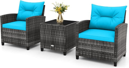 RELAX4LIFE 3 Piece Patio Furniture Set, Wicker Bistro Conversation Set w/2 Cushioned Armchairs & Glass Topped Table, Outdoor Rattan Sofa Set Patio Furniture for Porch Balcony Poolside (Grey-Turquoise)