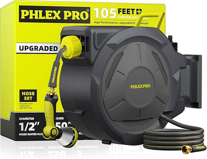 Retractable Garden Hose Reel 105FT, 1/2 inch Wall Mounted Hose Reel with Full Brass Fittings, 10 Patterns Spray Nozzle, Any Length Lock, 180° Automatic Rewind