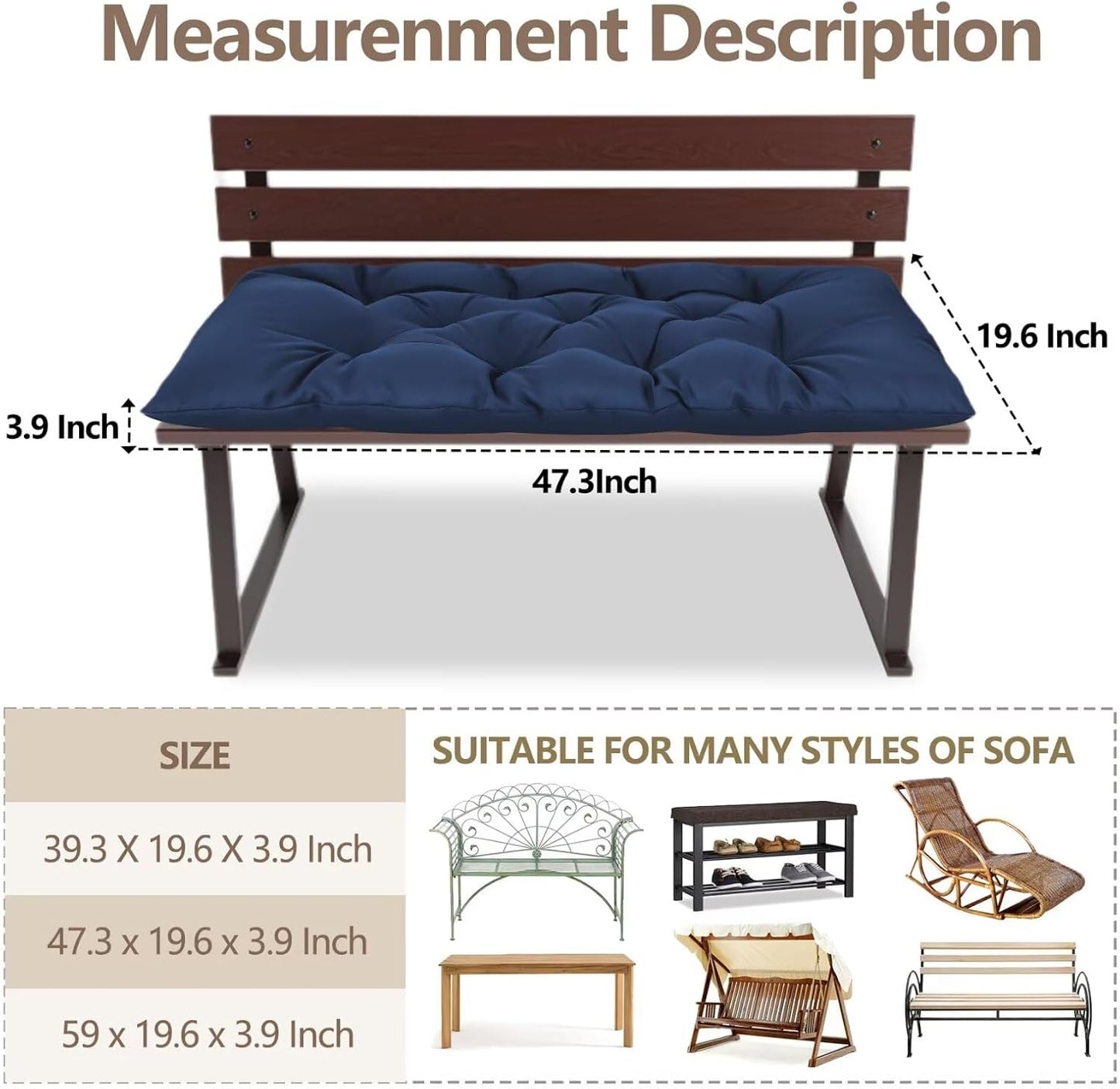 47.3 in Waterproof Indoor/Outdoor Garden Bench Seat Cushions，Thicken Patio Bench Soft Rocking Chairs Pad Lounger Seat for Wicker Loveseat Settee（47.3 X 19.6 in，Navy）