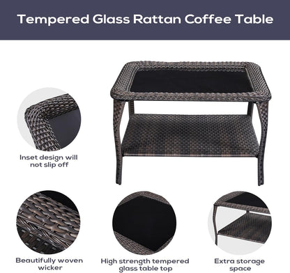 Outdoor Furniture Sectional Sofa L Shaped Couch - Patio Wicker Set with Coffee Table, 3 Piece Rattan Patio Conversation Sets with Beige Cushion for Deck Backyard Sunroom