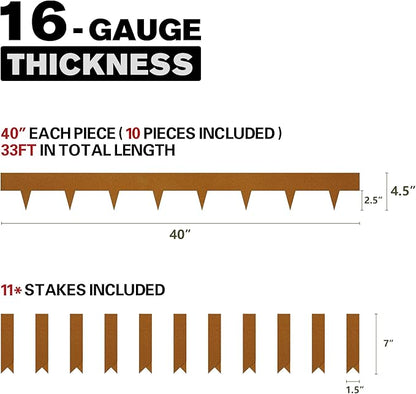 KOL Weather Resistant Steel Flexible Garden Lawn Edging, 10-Pack Pre-Rusted Metal Landscape Edging Strips - Heavy Duty Hammer-in Border with 11 Clips - 16-Gauge - 40" L x 4.5" H (33FT Total Length)