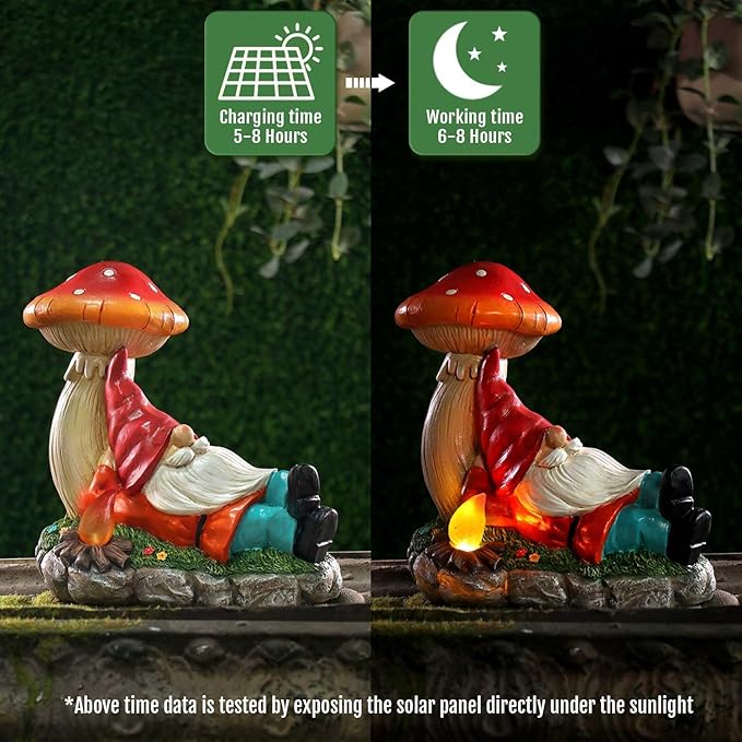 Solar Garden Gnomes Statues with Mushroom, Cute Funny Solar Powered Gnome Décor for Outdoor, Yard, or Patio as for Women Mom 8.5 Inch