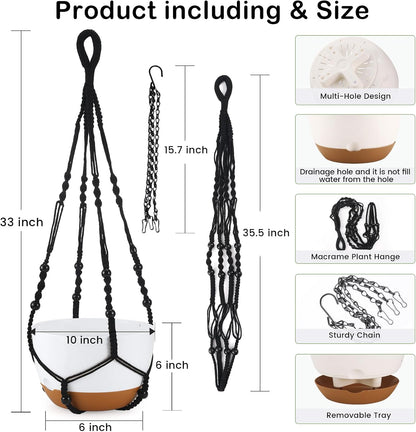 10 Inch Hanging Planter, 2 Pack Hanging Plant Self Watering Pot with Drainage Holes & Saucers, Hanging Baskets Flower Pots with Black Macrame Rope Hangers for Garden Home -White