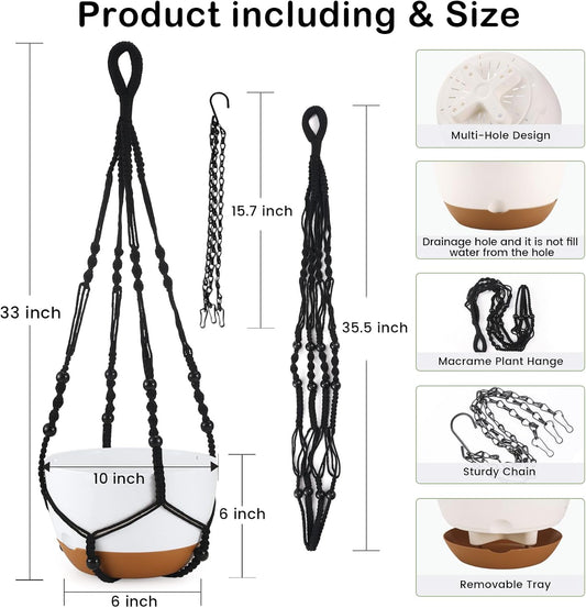 10 Inch Hanging Planter, 2 Pack Hanging Plant Self Watering Pot with Drainage Holes & Saucers, Hanging Baskets Flower Pots with Black Macrame Rope Hangers for Garden Home -White