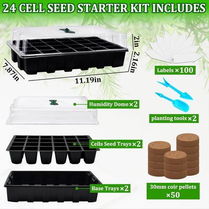 Halatool Seed Starter Kit, 2 Pack Seed Starter Trays with 50 Pcs Coco pellets and 2 Garden Tools & 100 Plant Labels, Greenhouse Indoor Seed Germination System for Herbs, Vegetables and Flowers (Black)