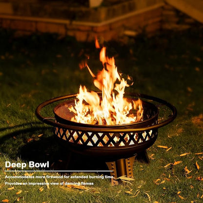 32 Inch Outdoor Fire Pit with Grill, Wood Burning Firepit for Outside with Lid/Fire Poker, Metal Round Fire Pit Table for Patio Backyard Garden Bonfire Party