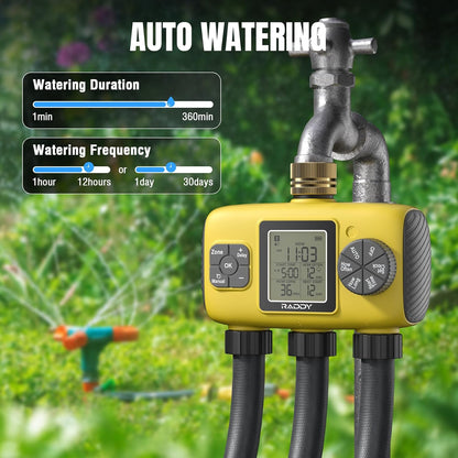 Raddy WS-8 Sprinkler Timer 3 Zone, Heavy-Duty Outdoor Irrigation Controller with Manual Watering, Rain Delay, High-Pressure 6V Valve, Fully Waterproof for Garden Yard, Yellow