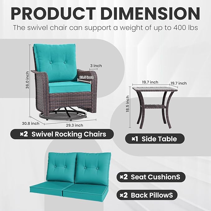 Gotland Outdoor Swivel Chairs Set of 2, 3 Pieces Patio Furniture Set with Thick Cushion, Wicker Rocking Patio Chairs Set of 2, Patio Bistro Set with Double-Layer Coffee Table for Balcony Porch Blue