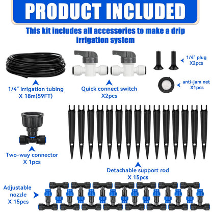 59FT Mist Drip Irrigation System, Automatic Garden Watering System with Adjustable Atomizing Misting Nozzle, 1/4 inch Blank Distribution Tubing Watering Drip Kit for Garden, Greenhouse, Lawn