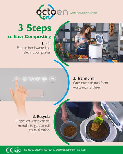3L Electric Kitchen Composter w/ 2 Free Filters, 3 Modes w/Auto Cleaning UV-C Light Sanitizer, Rapid Conversion Within 2-8 Hours. Indoor/Outdoor, Turn Food Waste to Fertilizer for Garden, by OCTOEN