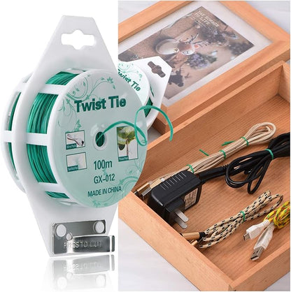 2 Reels 328 Feet (100m) Twist Tie, Green Coated Garden Plant Ties with Cutter for Gardening and Office Organization, Home