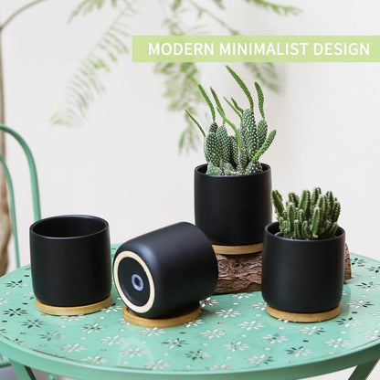 4 Inch Ceramic Plant Pots with Drainage Holes and Trays, Adorable Small Cylinder Flower Planter Pot for Indoor Plants, Succulent, Snake Plants, Cactus & Herbs, Black, Set of 4