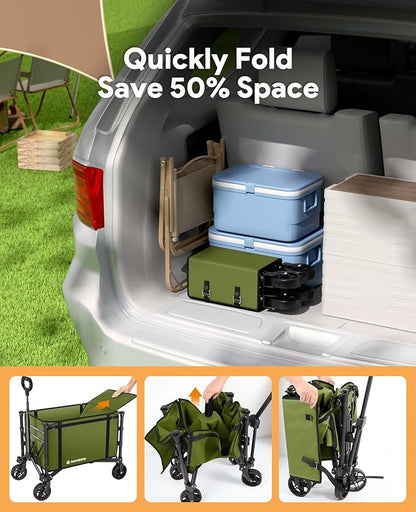 Collapsible Wagon Cart with Wheels 220lbs Foldable Wagon 120L Shopping Cart for Groceries Folding Utility Wagon for Beach, Garden, Camping, Sport, Wheelbarrows, Green