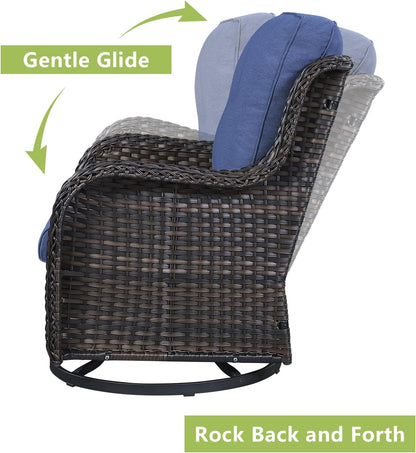 Outdoor Wicker Patio Furniture Set - 6 Piece Rattan Patio Conversation Set with 2 Rocking Swivel Chairs,2 Ottomans,1 Loveseat and 1 Side Table for Porch Deck Backyard Garden(Brown/Blue)