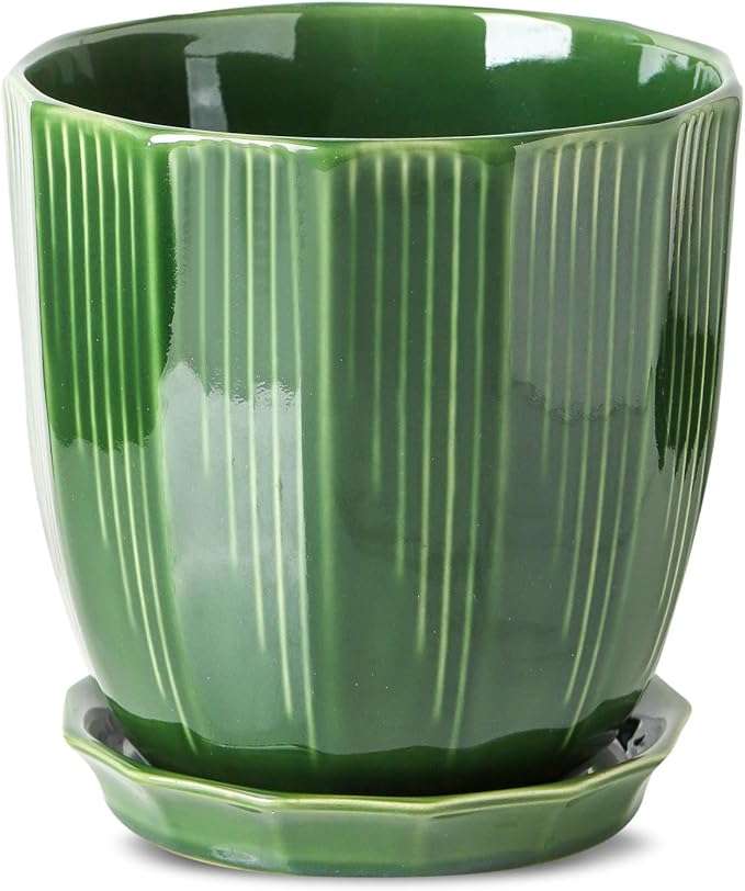 ADN Ceramic Planter - Large Plant Pot Geometric Design Flower Pot with Drainage Hole and Saucer for Outdoor Indoor Plants (Green, 8 in)