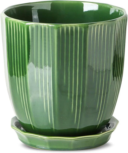 ADN Ceramic Planter - Large Plant Pot Geometric Design Flower Pot with Drainage Hole and Saucer for Outdoor Indoor Plants (Green, 8 in)