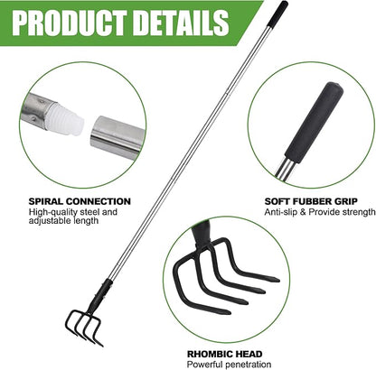 Long Hand Cultivator, Carbon Steel & Stainless Steel Tiller Cultivator, Garden Cultivator with Telescopic Handle and Soft Handle Cover, Hand Tiller for Digging Loosening Weeding