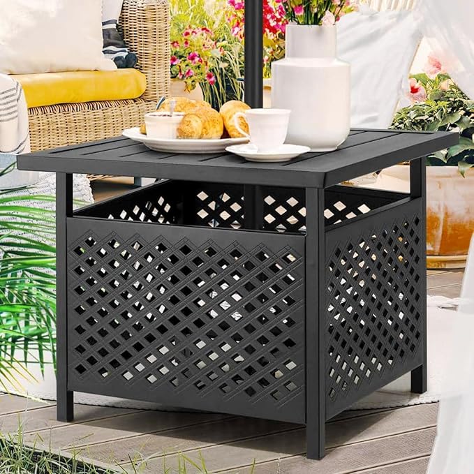 PHI VILLA 3 Piece Outdoor Bistro Set for 2, 22" Wrought Iron Square Table with Umbrella Hole & Swivel Metal Chairs, Small Furniture Conversation Set for Porch, Deck, Balcony, Patio, Yard - Black