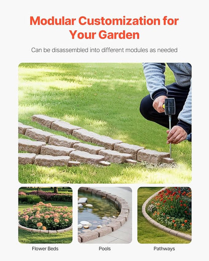 VEVOR Faux Stone Landscape Edging, No Dig Garden Edging Border, Flexible Blocks for Lawn Edging, Flower Beds, Driveway, Yards with 12 Spikes, 4 Pack 24 Bricks 16FT Kit, 46.5" Lx 3.7" W x 2.2" H, Brown