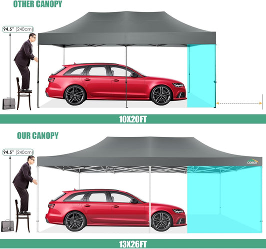 COBIZI 13x26 Pop Up Tent 13x26 Canopy with Sidewalls Heavy Duty Canopy Party Tent for Parties, Outdoor Wedding Large Event Tent Wind Waterproof UPF 50+ Ez Up in Garden Lawn with Roller Bag, Gray
