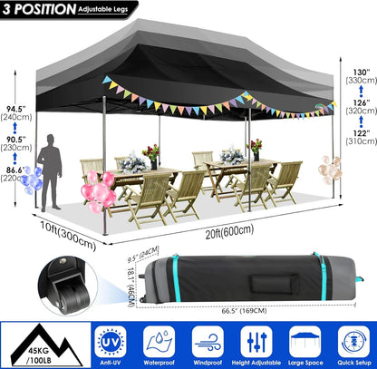 COBIZI 10x20 Canopy with Sidewalls, Heavy duty Party Tent Pop up carpas para fiestas, Tents for Parties, wedding, Outdoor Ez up Foldable Portable Canopy Tent with Wheeled Bag, Black(Windproof Upgrade)