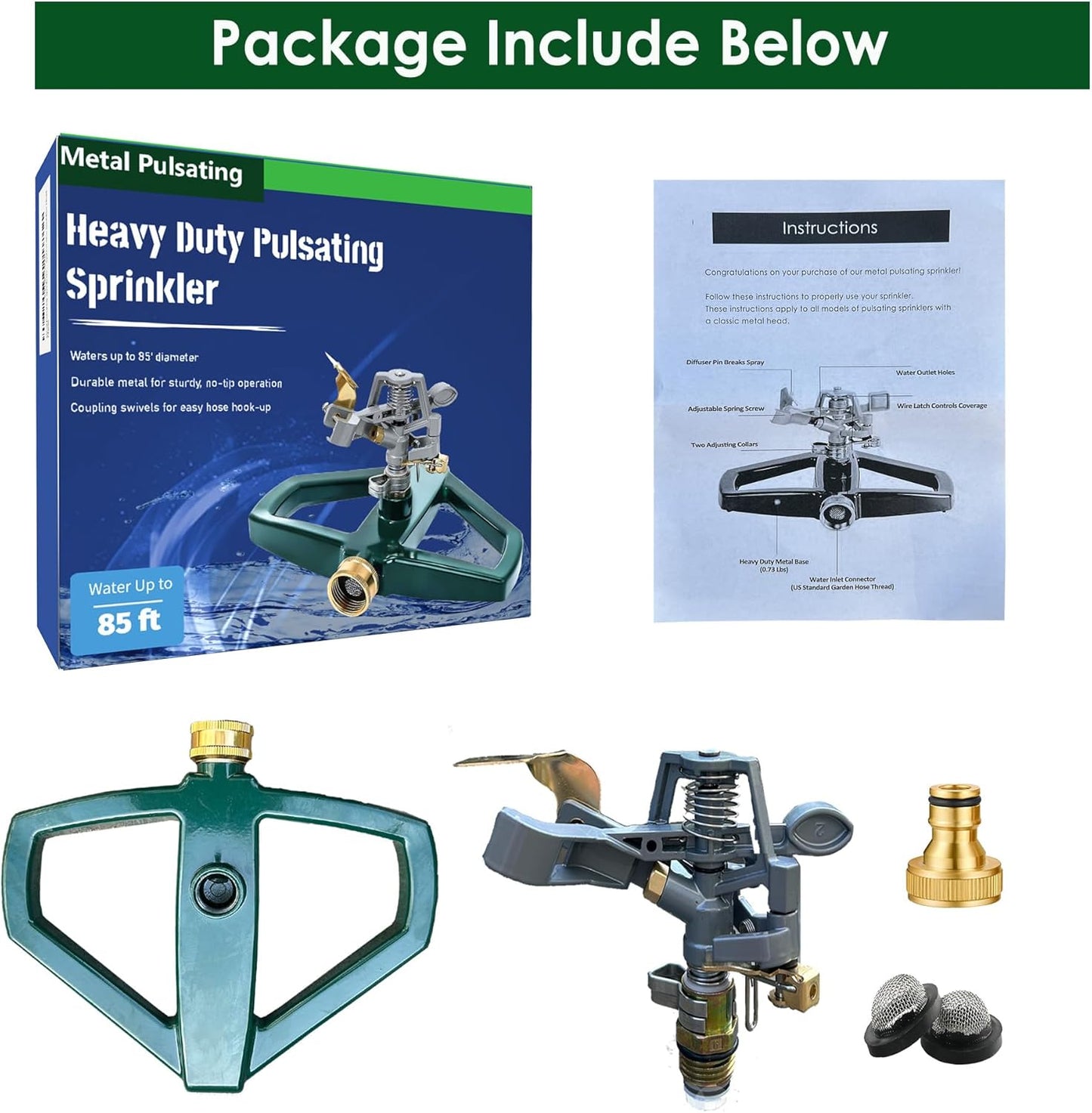 Heavy Duty Metal Pulsating Sprinkler for Yard - 360 Degree Roating Automatic Water Sprinkler for Lawn with Metal Base, Pulsating Impact Sprinklers for Large Area Covers Up to 85‘ Diameter