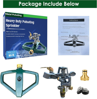 Heavy Duty Metal Pulsating Sprinkler for Yard - 360 Degree Roating Automatic Water Sprinkler for Lawn with Metal Base, Pulsating Impact Sprinklers for Large Area Covers Up to 85‘ Diameter