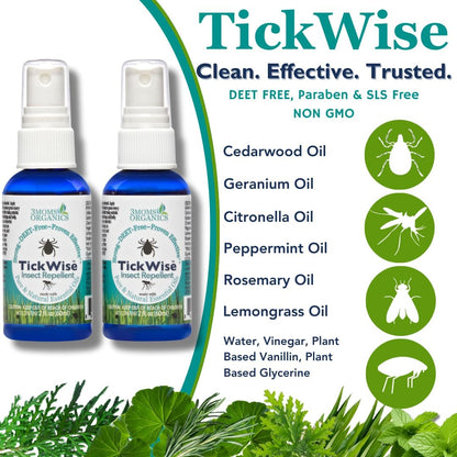 3 Moms Organics, TickWise 2oz Extra Strength Happy Campers 2-Pack - DEET- Free, Tick and Insect Repellent, Plant Based Essential Oils, All Natural Ingredients, Safe for Kids, Adults, Dogs & Horses