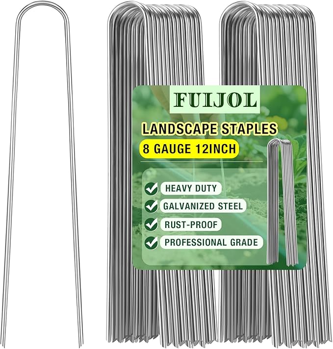 8 Gauge Landscape Staples, FUIJOL 12 Inch Heavy Duty U-Shaped Landscape Stakes, 15 Pack Galvanized Garden Staples for Weed Barrier Stakes, Ground Cover, Irrigation Tubing, Fence (15)