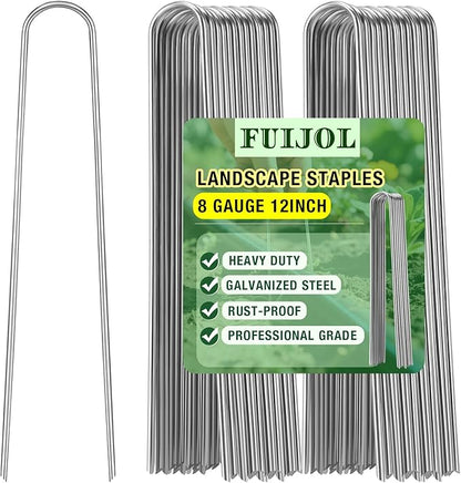 8 Gauge Landscape Staples, FUIJOL 12 Inch Heavy Duty U-Shaped Landscape Stakes, 100 Pack Galvanized Garden Staples for Weed Barrier Stakes, Ground Cover, Irrigation Tubing, Fence (100)