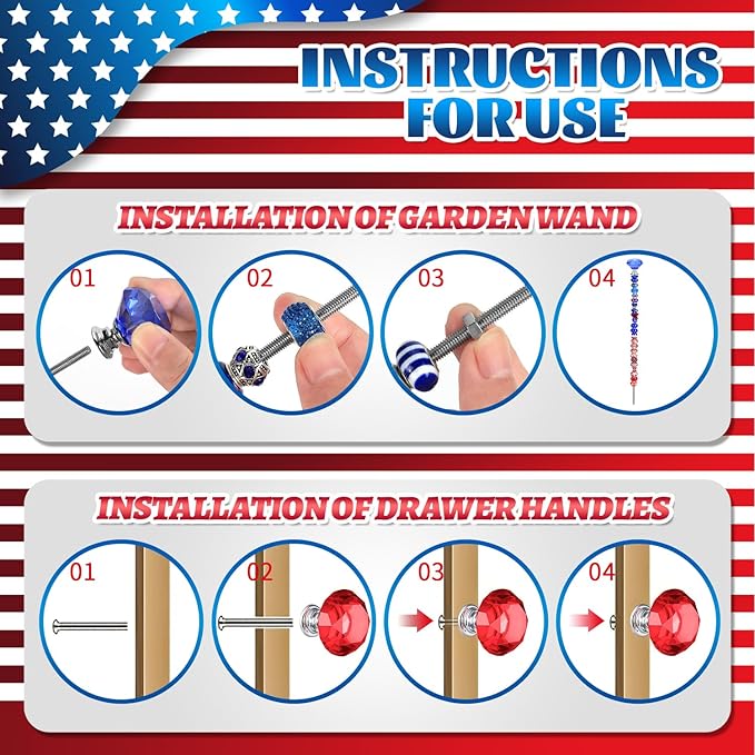 DIY Fairy Wand Garden Beads Stakes Wands Kit,Multiple Color Scheme European Beads Crystal Diamond Tops and 12 or 10 Inch Threaded Rods,Stainless Steel Stakes with Diamond Toppe(Red+White+Blue)