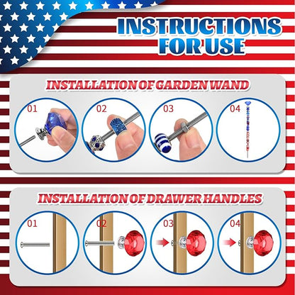 DIY Fairy Wand Garden Beads Stakes Wands Kit,Multiple Color Scheme European Beads Crystal Diamond Tops and 12 or 10 Inch Threaded Rods,Stainless Steel Stakes with Diamond Toppe(Red+White+Blue)