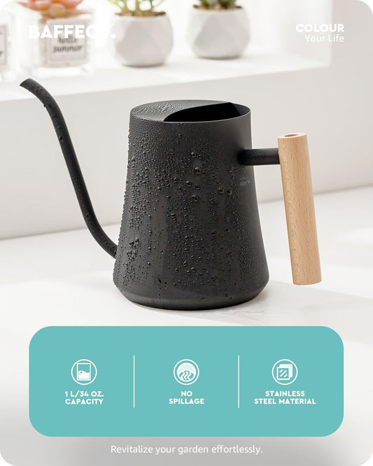 Baffect Indoor Watering Can, 1L/34OZ Metal Houseplant Watering Can with Wooden Handle, Curved Design Watering Can with Long Spout for Small Potted Plants (Black)