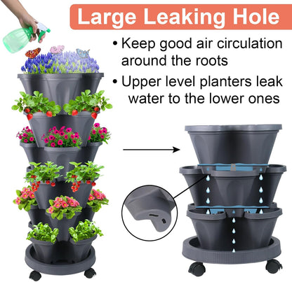 Vertical Planter, 6 Tier Stackable Strawberry Planter with Garden Tool Set, Movable Indoor/Outdoor Garden Herb Pot for Growing Vegetables and Succulents, Dark Gray