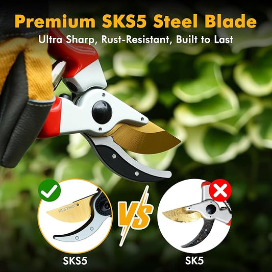 RESTMO 8.6" Professional Pruning Shears, Premium Titanium SKS5 Steel Blade, Forged Aluminum Handles for Durability & Long-Lasting Sharpness, Bypass Pruners for Gardening, Clippers & Scissor Tool