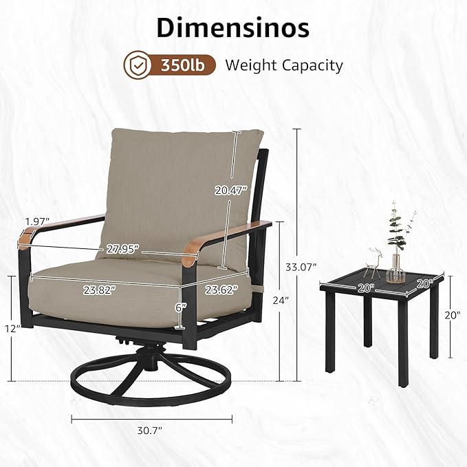 NATURAL EXPRESSIONS Outdoor Bistro Set, 3 Piece Swivel Glider Rocking Chairs Patio Conversation Furniture Set with 2 Rockers, 1 Metal Table and 6" Thick Cushions for Backyard, Porch, Balcony, 350lbs.