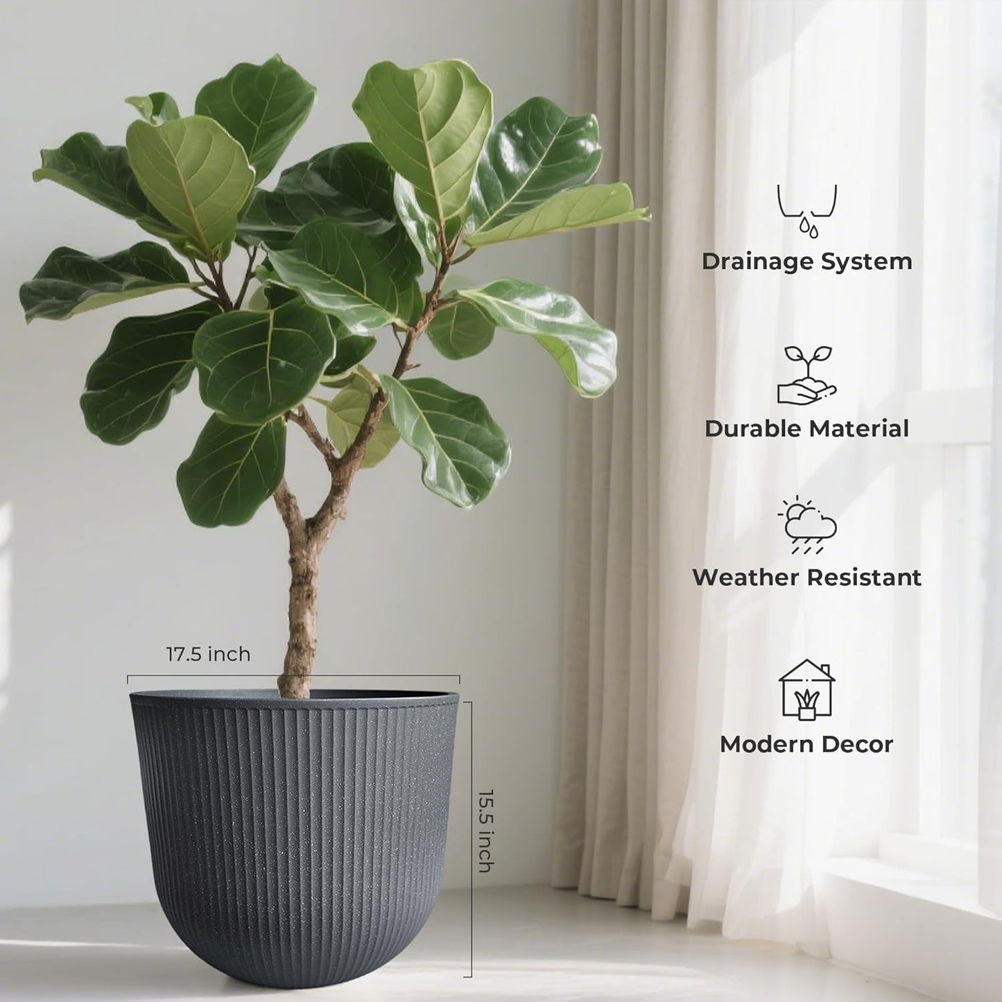 WORTH Garden Round Large Planter Pot Set of 2-17.5" Dia x 15.5" H - Durable Plastic Grey Plant Tree Pots with Vertical Stripe Textured Finish, Drainage Hole for Indoor, Outdoor, Front Porch, Patio