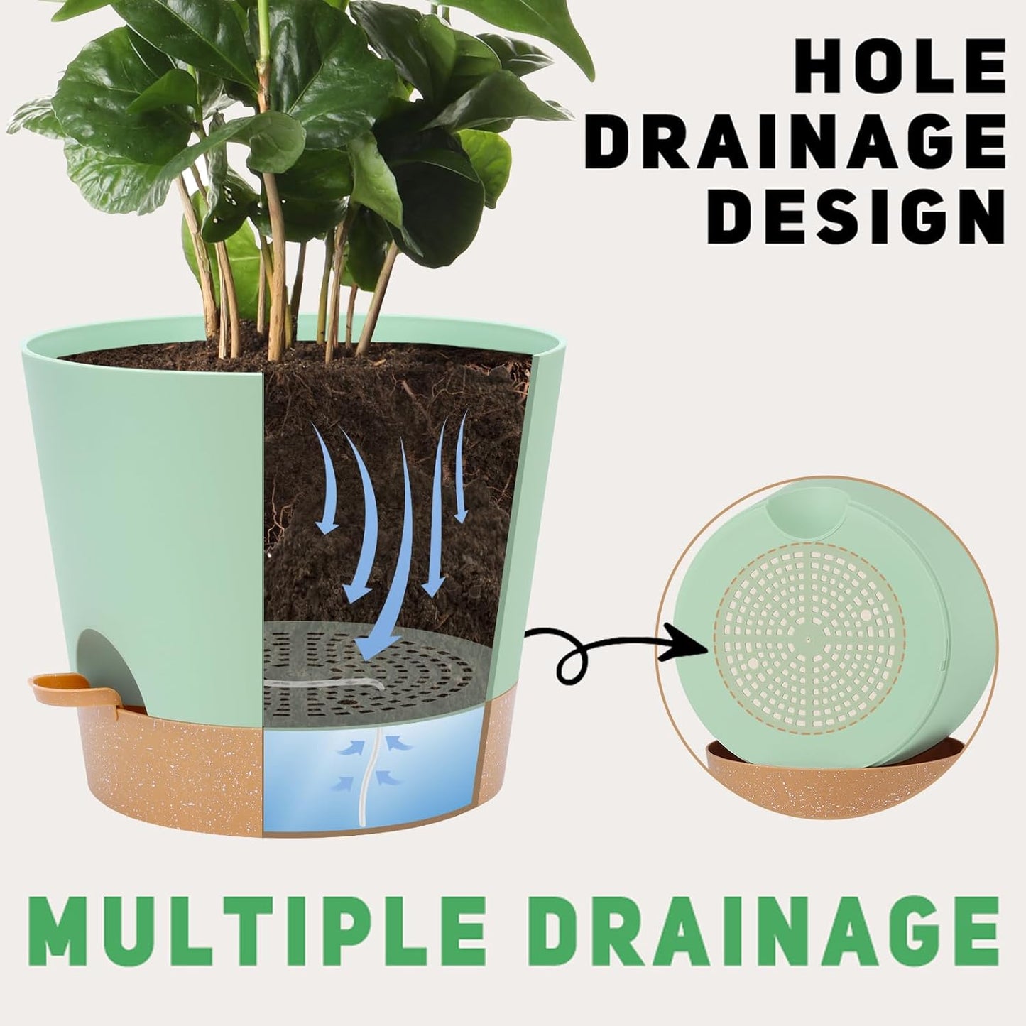 12 Inches Indoor Self Watering Planters with Drainage Holes and Saucers, 4 Pack (Green)