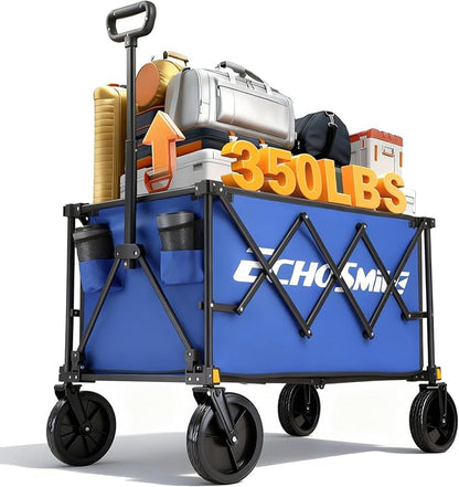 EchoSmile Collapsible Foldable Wagon Cart with 350lbs Weight Capacity, Heavy Duty Folding Utility Sport Wagon with Removeble Wheels for Camping,Grocery,Garden,Beach,Bule