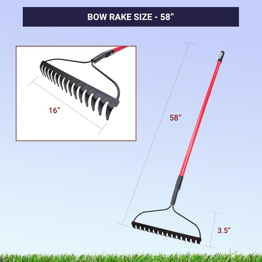 BULLY TOOLS 92309 12-Gauge 16-Inch Bow Rake with Fiberglass Handle and 16 Steel Tines, 58-Inch