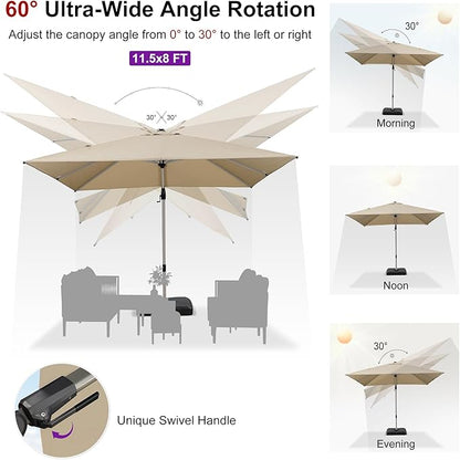 PURPLE LEAF 11.5' X 8' Left-right Tilting Patio Umbrella Outdoor Swivel Cantilever Umbrella Aluminum Offset Umbrella with Champagne Frame and 360-degree Rotation for Garden Deck Pool, Beige