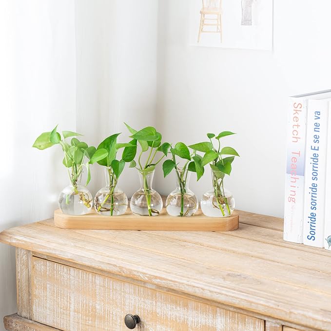 Mkono Desktop Plant Propagation Glass Vase Station Retro Terrarium with Wooden Tray Bulb Flower Container Perfect for Propagating Hydroponic Plants Home Office Decor Lover Gift Idea, Beige (YYBL0035)