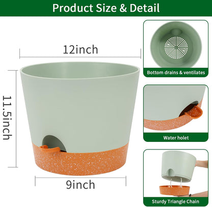 GARDIFE 12 inch Plant Pots, planters, Self Watering Pots, Large Plastic Flower pots with Deep Reservior and High Drainage Holes for Indoor Outdoor Plants and Flowers, Green