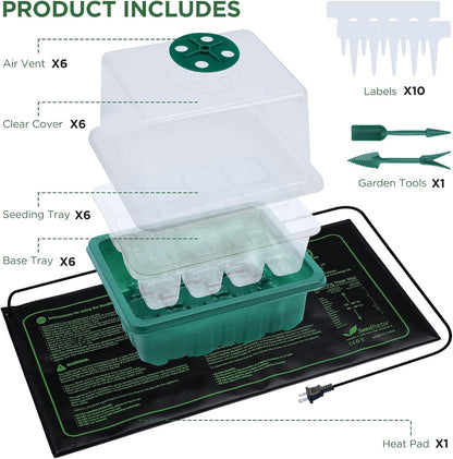Seedfactor 7-Pack Seed Starter Tray with Heat Mat (12 Cells per Tray), Plant Germination Trays with Adjustable Humidity Dome Seed Trays Seedling Starter with Base Trays for Germination
