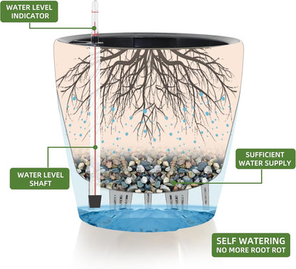 Dexceder 13x12 Self Watering Planter with Wheels Indoor Outdoor, Inner Pot Design, Thickened Large Floor Standing Flower Plant Pot with Water Level Indicator (Black Gold Crackle)