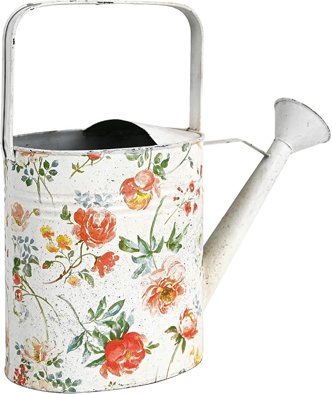 Vintage Floral Metal Watering Can, Decorative Watering Pot for Indoor Outdoor Plants, Shabby Chic Garden Watering Tool with Long Spout, Rustic Home Patio Decor