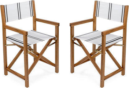 JONATHAN Y DRC1001B-SET2 Cukor Classic Vintage Outdoor Acacia Wood Folding Director Chair with Canvas Seat Mid-Century, Modern, Traditional, Classic, Coastal, White/Black Stripe/Teak Brown (Set of 2)