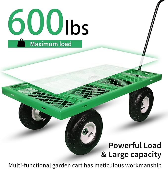 AAIN 600 lbs Metal Garden Cart,Heavy Duty Garden Wagon with Removable Steel Mesh Sides, Utility Yard Cart with 180° Rotating Handle and 10-inch Wheels—Perfect for Gardens, Farms, and Yards, Green