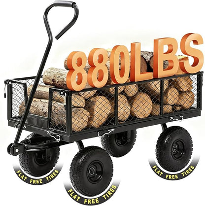 Garden Wagon Cart Heavy Duty 880 LBS Steel Utility Cart with All-Terrains 3.50-4" Solid Wheels 10" Tires, 180° Rotating Handle, Removable Sides, Laser-Welded Frame & Multi-Surface